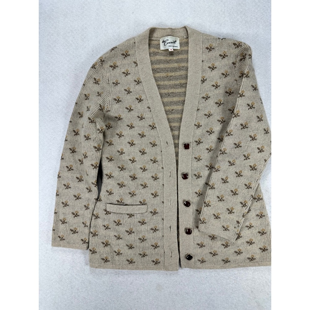 Everest Fashion Knitwear Cardigan Sweater Beige Floral Sprig V-Neck Medium M